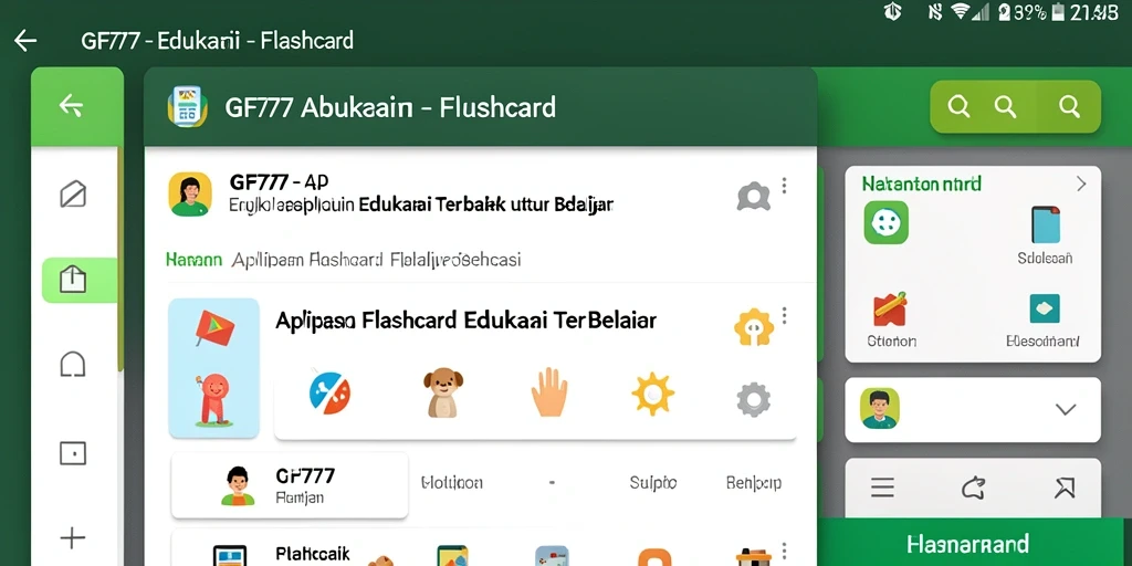 Antarmuka aplikasi GF777 menampilkan fitur flashcard interaktif yang menarik.