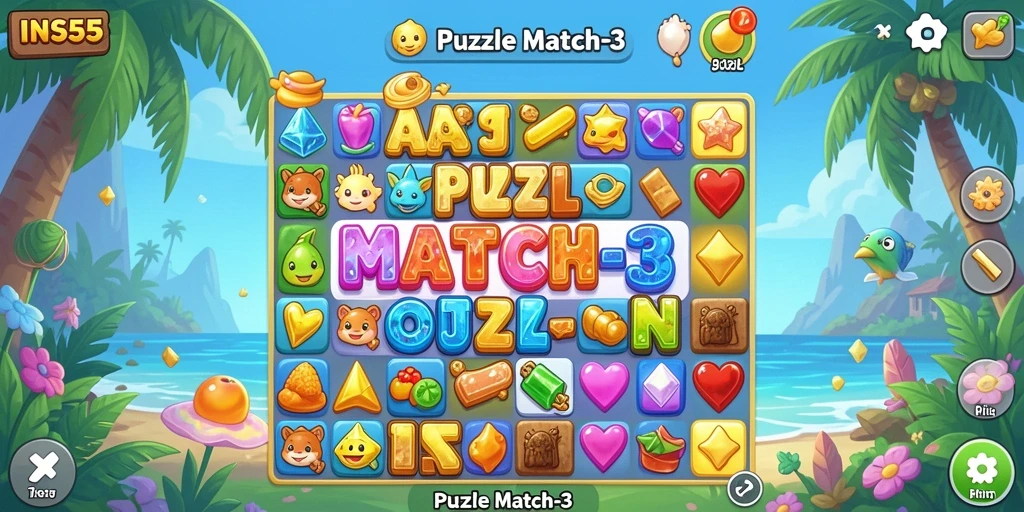 Tampilan antarmuka game Puzzle Match-3 yang menarik dan penuh warna.