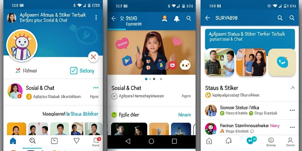 Antarmuka aplikasi SURYA898 untuk Status & Stiker yang menarik.