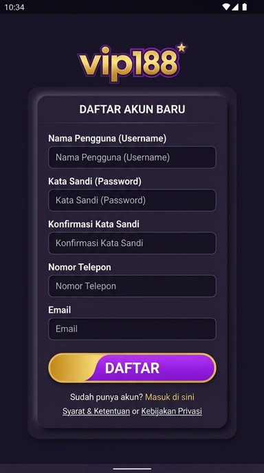 Tampilan halaman daftar vip188